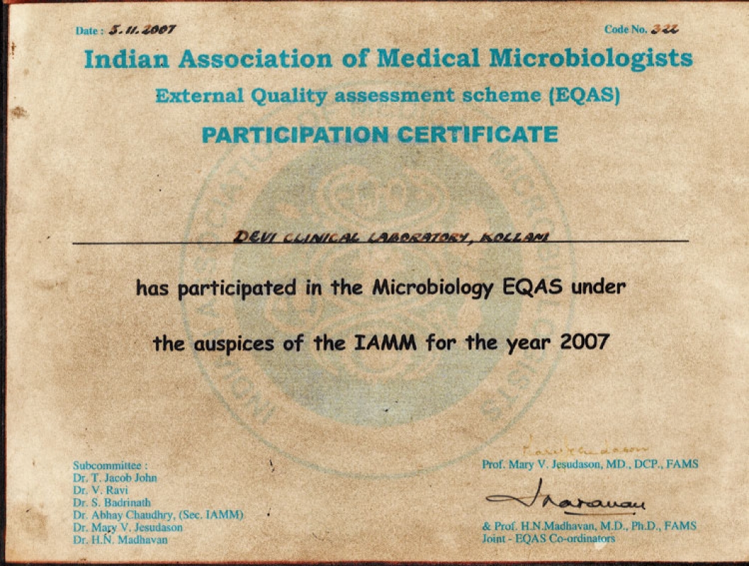 Indian Association of Medical Microbiologists External Quality Assessment Scheme (EQAS) PARTICIPATION CERTIFICATE 2008